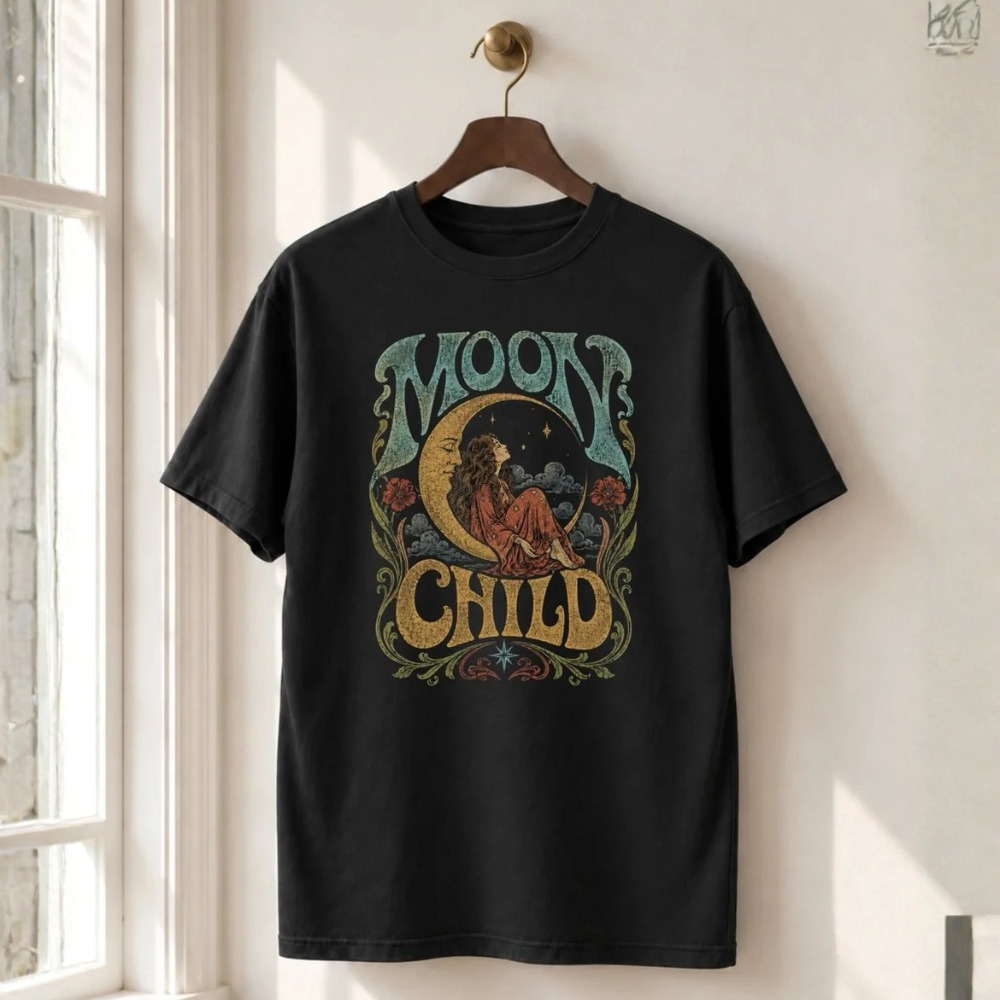 Moon Child Retro Crescent Moon Flowers Stars Vintage Black T-Shirt